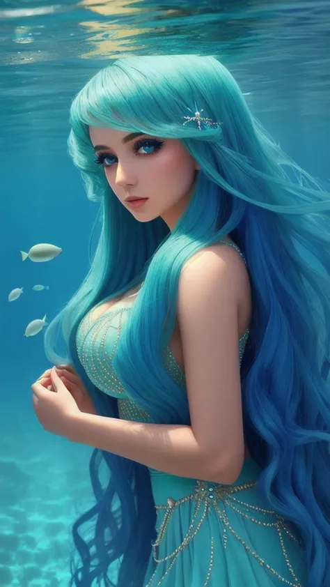 A young woman with voluminous hair in shades of blue and green, rippling like the waters of the ocean. Her hair is adorned with ...