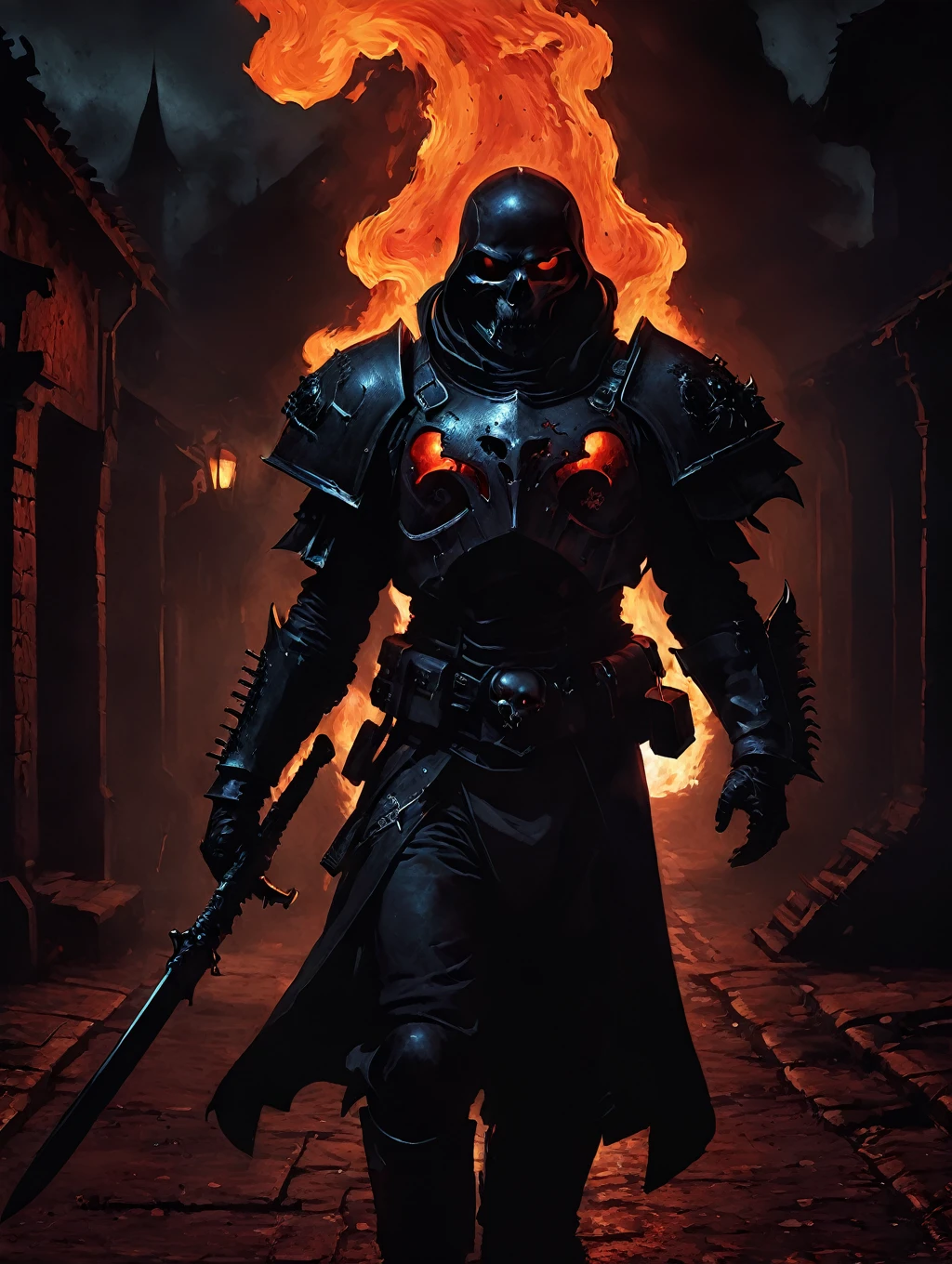 (masterpiece, best quality:1.2), (absurdres, highres, ultra-detailed), (perfect anatomy), a sinister vampire assassin wearing a black shiny armor metal skull helmet walking in a burning village, (intricate:1.4) studio red lighting, dark background, imposing, meticulously composed, stunning photos, dark fantasy