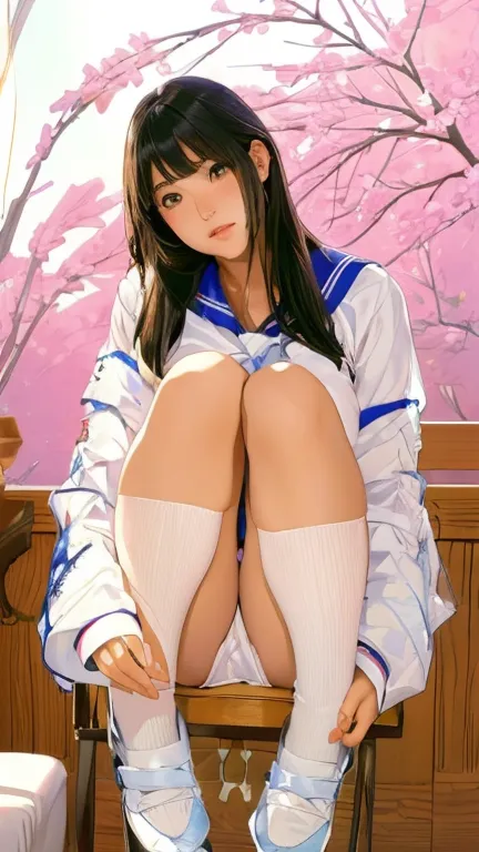 japan woman in alafed in sailor suit sitting on chair, realistic young gravure idol, cute school girl, a surreal high school gir...