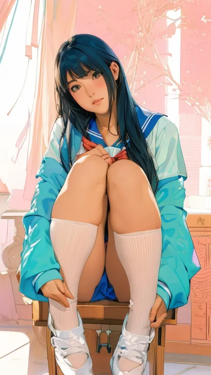 japan woman in alafed in sailor suit sitting on chair, realistic young gravure idol, cute school girl, a surreal high school gir...