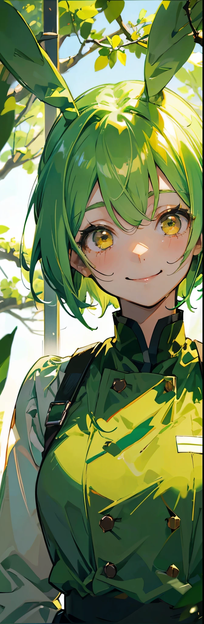 beautiful girl，Yellow-green hair，Beaver、short hair、Gentle droopy eyes，Upper body close-up、uniform，Manga Style，Full Color，high school girl，Smile，Happiness、An innocent smile