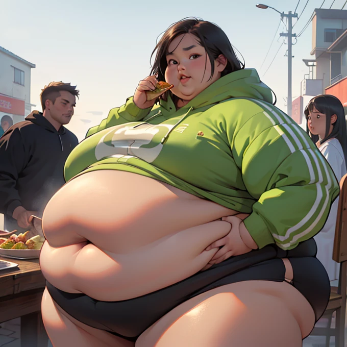 (masterpiece, detailed, realistic, best quality, highres,:1.2), young asian woman, USSBBW, (morbidly obese:1.3), (fatblob:1.3), (detailed face, beautiful face), high aesthetic, tight undersized clothes, fat rolls, hoodie, holding food, wide eyes, concerned friends