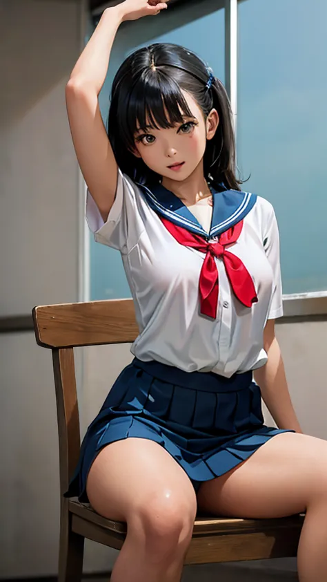 japan woman in alafed in sailor suit sitting on chair, realistic young gravure idol, cute school girl, a surreal high school gir...