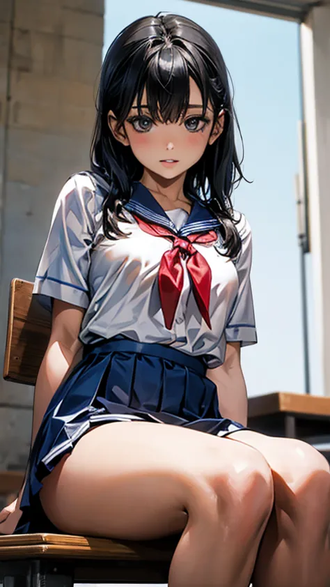 japan woman in alafed in sailor suit sitting on chair, realistic young gravure idol, cute school girl, a surreal high school gir...