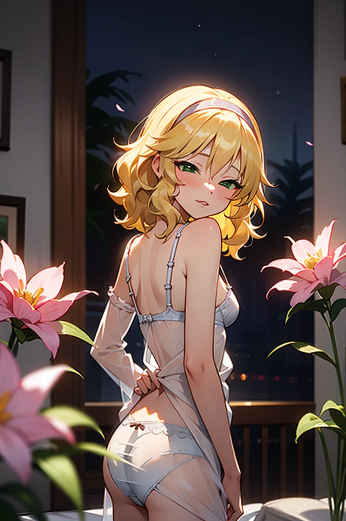 masterpiece,Highest quality, Very detailed,One girl(Sakurai Momoka, Nice small breasts, Wavy Hair,Blonde, head band, Pink flowers in the hair,Green Eyes, Half-closed eyes), Seductive face, Lips parted, nose blush, blush, In-person audience , View your viewers, alone, See-through nightgown, In the bedroom,  at night, Are standing, Seduce your sexy waist  (panties), (bra), (In underwear), (Flashy underwear), (lingerie), From behind, Butt