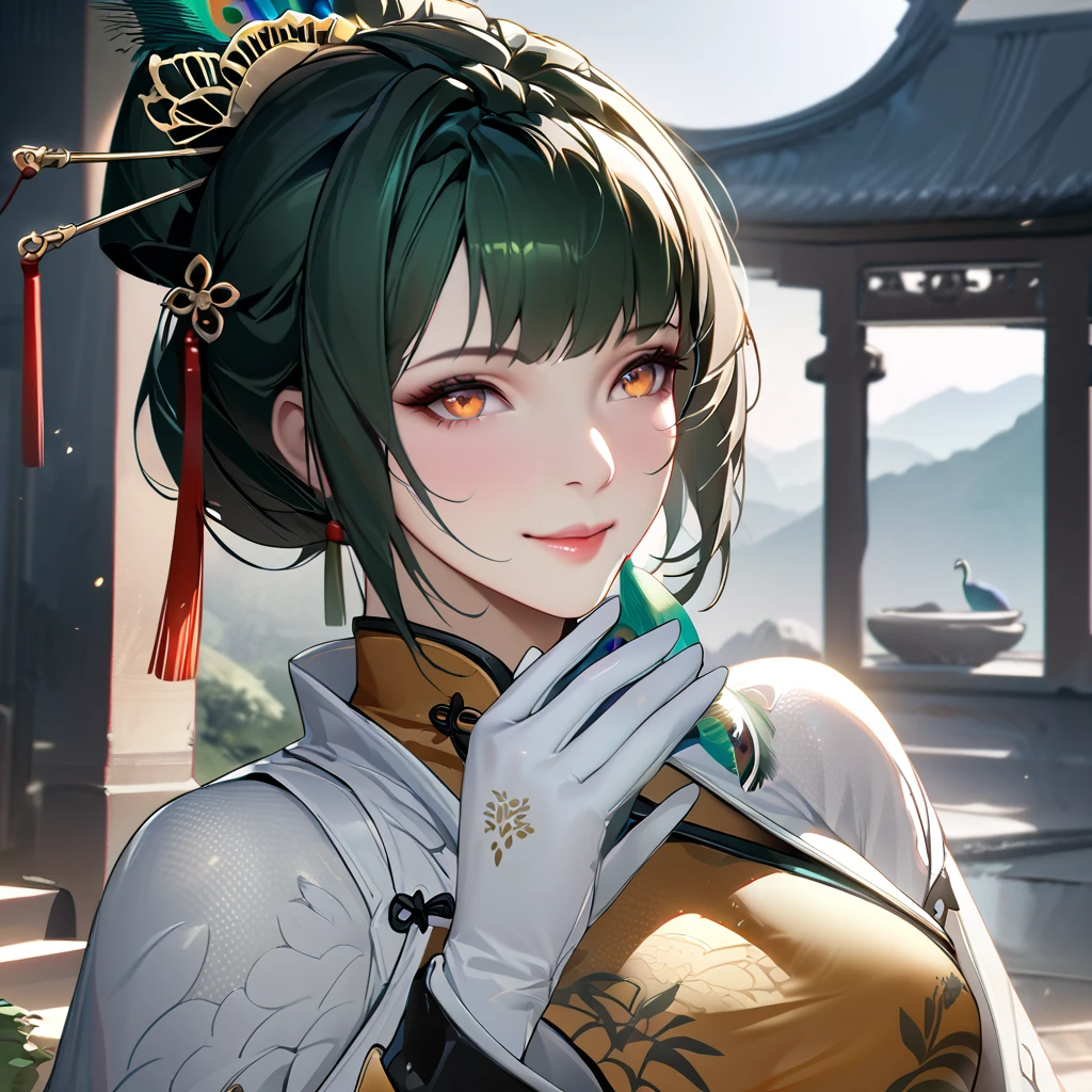 A woman wearing a traditional yellow Chinese uniform, long sleeves with peacock feathers, wearing a white fur cape, a green hairspray in both hands, standing in a large courtyard with traditional Chinese aesthetics, pillars in the distance, mountains in the background, place during the day, green hair, tied up hair, orange eyes, smiling, perfect face, perfect lips, Punishing_Gray_raven, Hanying. UHD, masterpiece, accurate, anatomically correct, textured skin, super detail, high quality, best quality, 8k, high resolution, bokeh effect.(solo woman),white gloves, realistic, close view.

