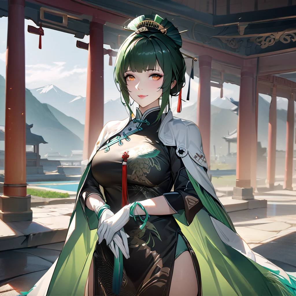 A woman wearing a traditional yellow Chinese uniform, long sleeves with peacock feathers, wearing a white fur cape, a green hairspray in both hands, standing in a large courtyard with traditional Chinese aesthetics, pillars in the distance, mountains in the background, place during the day, green hair, tied up hair, orange eyes, smiling, perfect face, perfect lips, Punishing_Gray_raven, Hanying. UHD, masterpiece, accurate, anatomically correct, textured skin, super detail, high quality, best quality, 8k, high resolution, bokeh effect.(solo woman),white gloves, realistic, close view.

