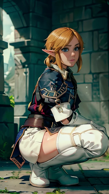 link, the legend of zelda, Delicate skin, best quality, Best Desinger, beste Illustration, (photorealistic photo: 1.3), (highly detailed skin:1.2), 8K  UHD, dslr, good quality, High resolution, 1 girl, neck ribbon, collared, squat, squat, (femasculine), gloves, masculine, (femasculine only), partially clothed, shorth hair, Shanks, (thick Shanks),  ((white over knee boots))