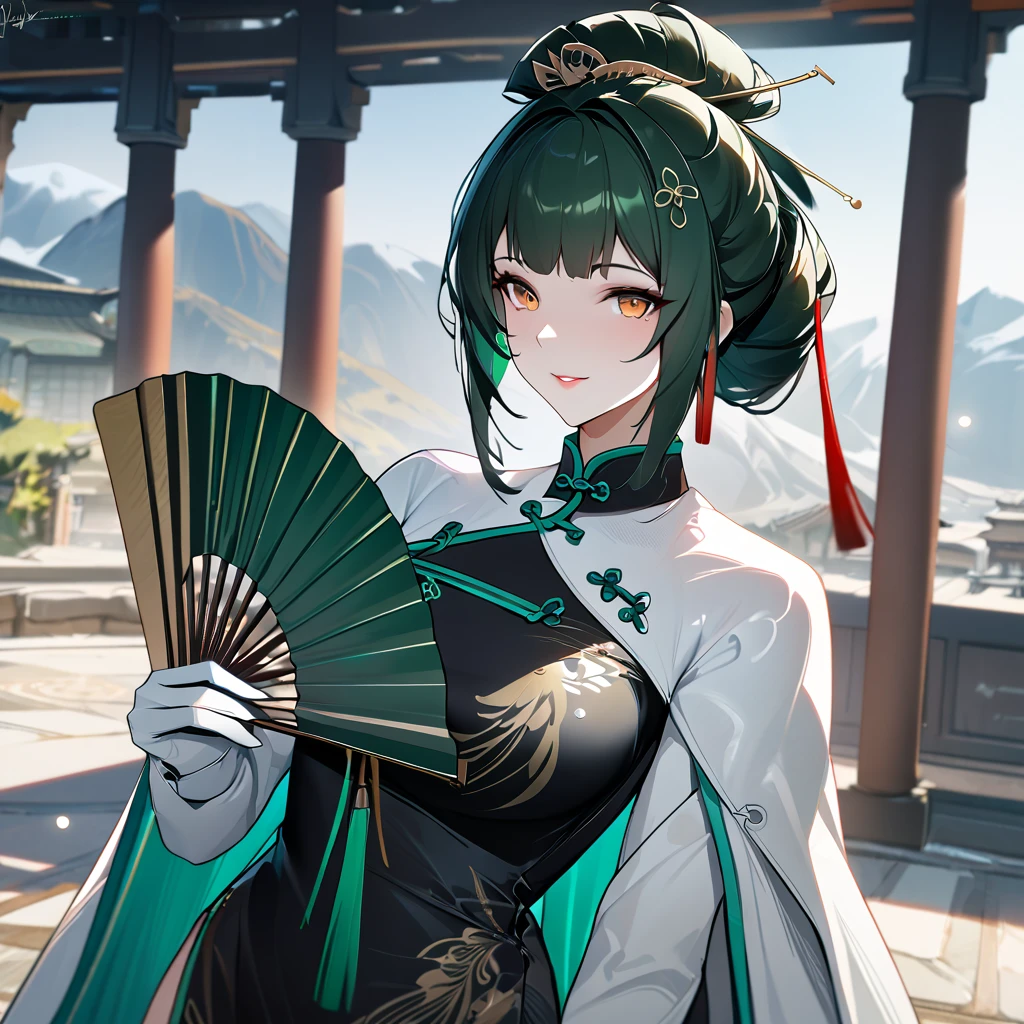 A woman wearing a traditional yellow Chinese uniform, peacock feather on the sleeve of the uniform, wearing a white fur cape, holding a green fan, standing in a large courtyard with traditional Chinese aesthetics, pillars in the distance, mountains in the background, location by day, green hair, tied up hair, orange eyes, smiling, perfect face, perfect lips, Punishing_Gray_raven, Hanying. UHD, masterpiece, accurate, anatomically correct, textured skin, super detail, high quality, best quality, 8k, high resolution, bokeh effect.(solo woman),white gloves, close view.
