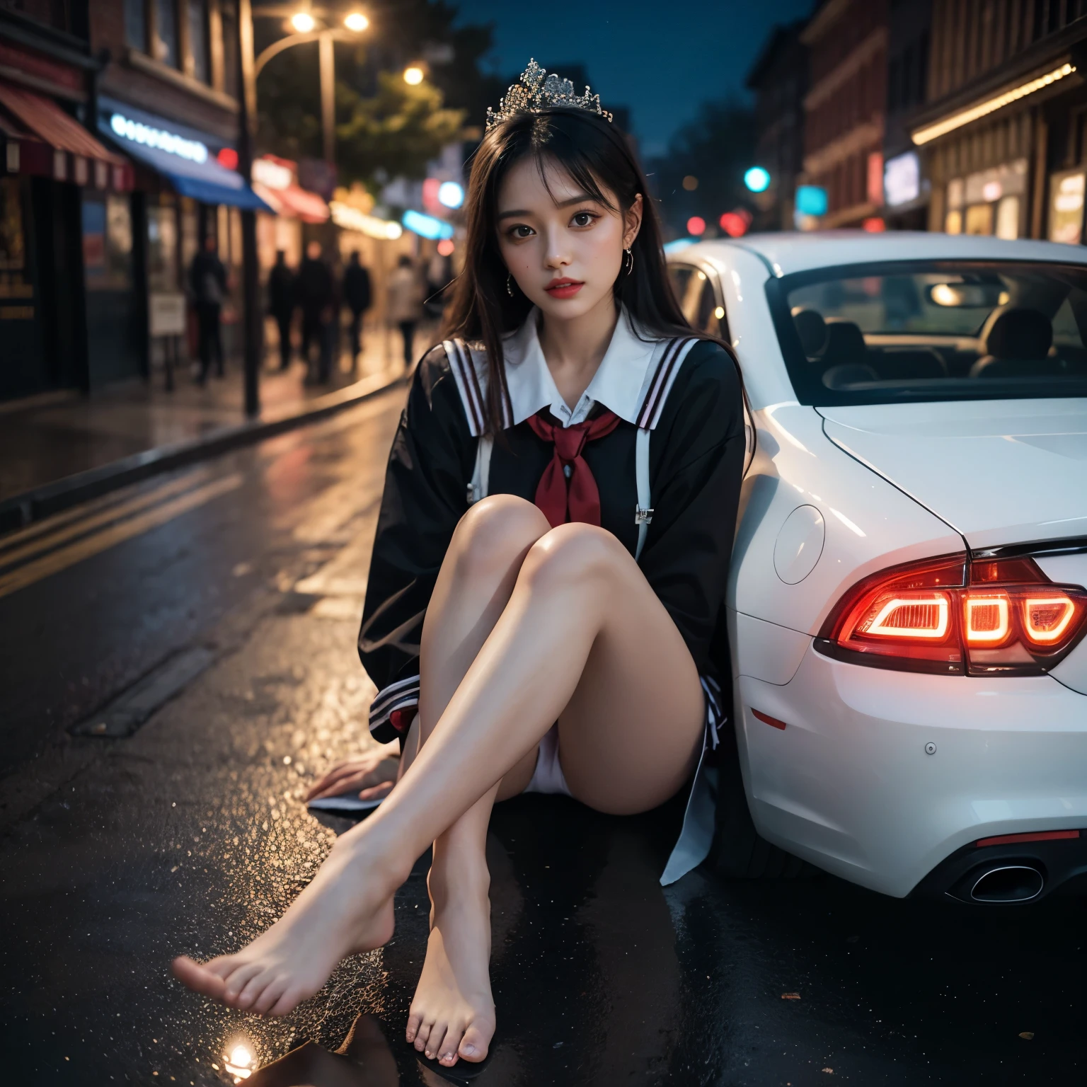 SFW, (Closeup from Crotch to Face) ExtremelyDetailed (SchoolGirl Lean against the Car) Spread Knees Up, perfect face, Brilliant(Tiny Crown), Detailed(Delicate Clothing textures) Sailor Uniform with Red Ribbon (((WhitePanties))), PerfectHand with Childish 4Fingers and one Thumb, Corrected Leg to Foot Line, ((Starry Colorful Lights at Dusk City)) ((Specular Reflection:1.28)of Shiny Cars and Wet Shiny Road), ((Hidden Arm) Hidden Sole) Red[High-Heels], TopQuality 8K Ultra-detailed masterpiece (ProfessionalPhoto:1.37)(Acutance:0.8)