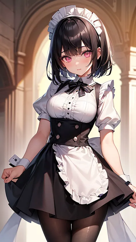 (highest quality,high resolution,very detailed,girl)black tights,black hair,short hair,height: 160cm,cute,pink eyes,wearing maid...