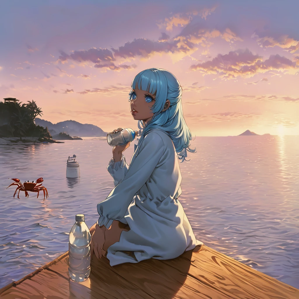 A delicate anime-style illustration, 1girl, beautiful detailed eyes, beautiful detailed lips, extremely detailed face and skin, long eyelashes, blue transparent skin, small crab on wooden pier, the girl is drinking from a plastic bottle, light blue hair, sitting on pier overlooking the sea, midday sunlight, warm color tones, soft lighting, highly detailed, photorealistic, 8k, masterpiece, beautiful scenery