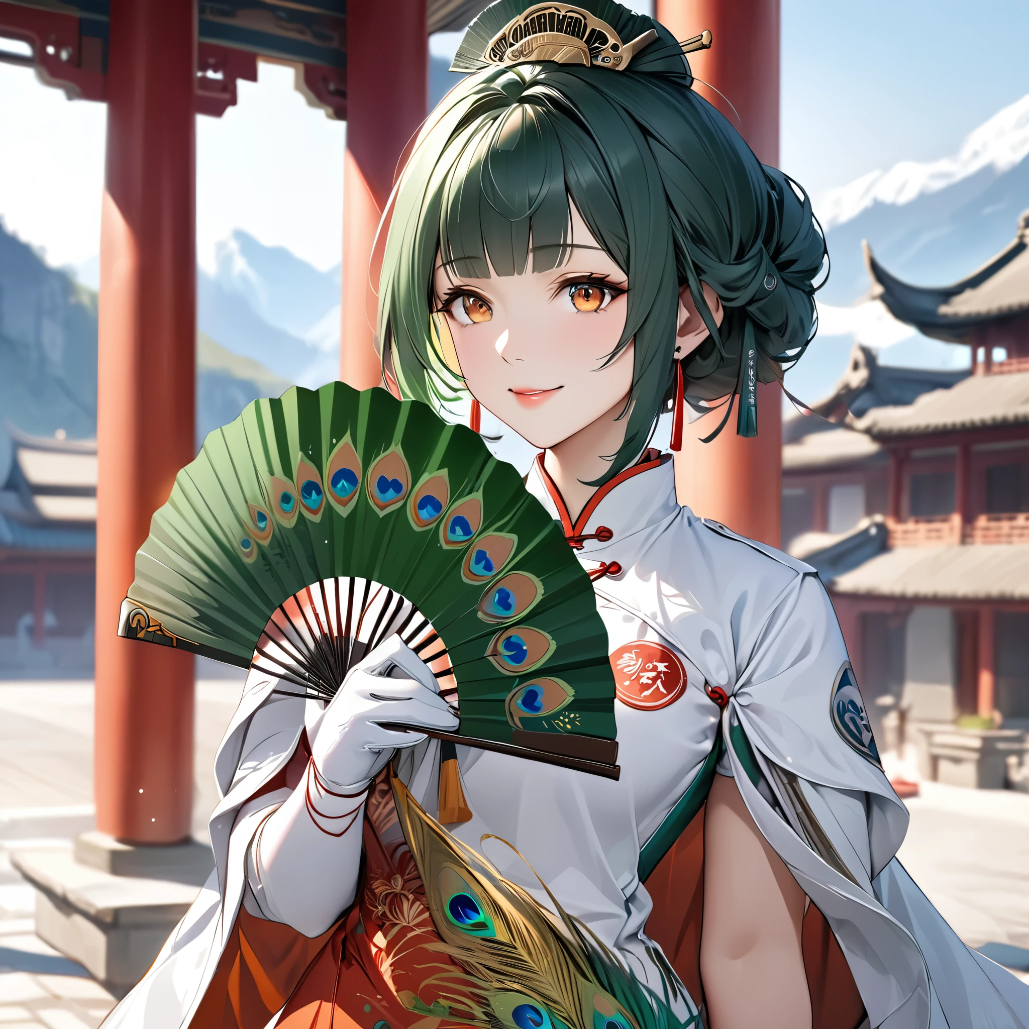 A woman wearing a traditional yellow Chinese uniform, peacock feather on the sleeve of the uniform, wearing a white fur cape, holding a green fan, standing in a large courtyard with traditional Chinese aesthetics, pillars in the distance, mountains in the background, location by day, green hair, tied up hair, orange eyes, smiling, perfect face, perfect lips, Punishing_Gray_raven, Hanying. UHD, masterpiece, accurate, anatomically correct, textured skin, super detail, high quality, best quality, 8k, high resolution, bokeh effect.(solo woman),white gloves, close view.
