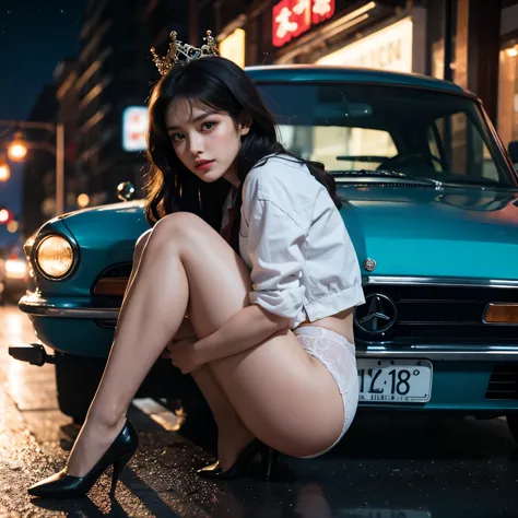 sfw, (closeup from crotch to face) extremelydetailed (schoolgirl lean against the car) spread knees up, perfect face, brilliant(...