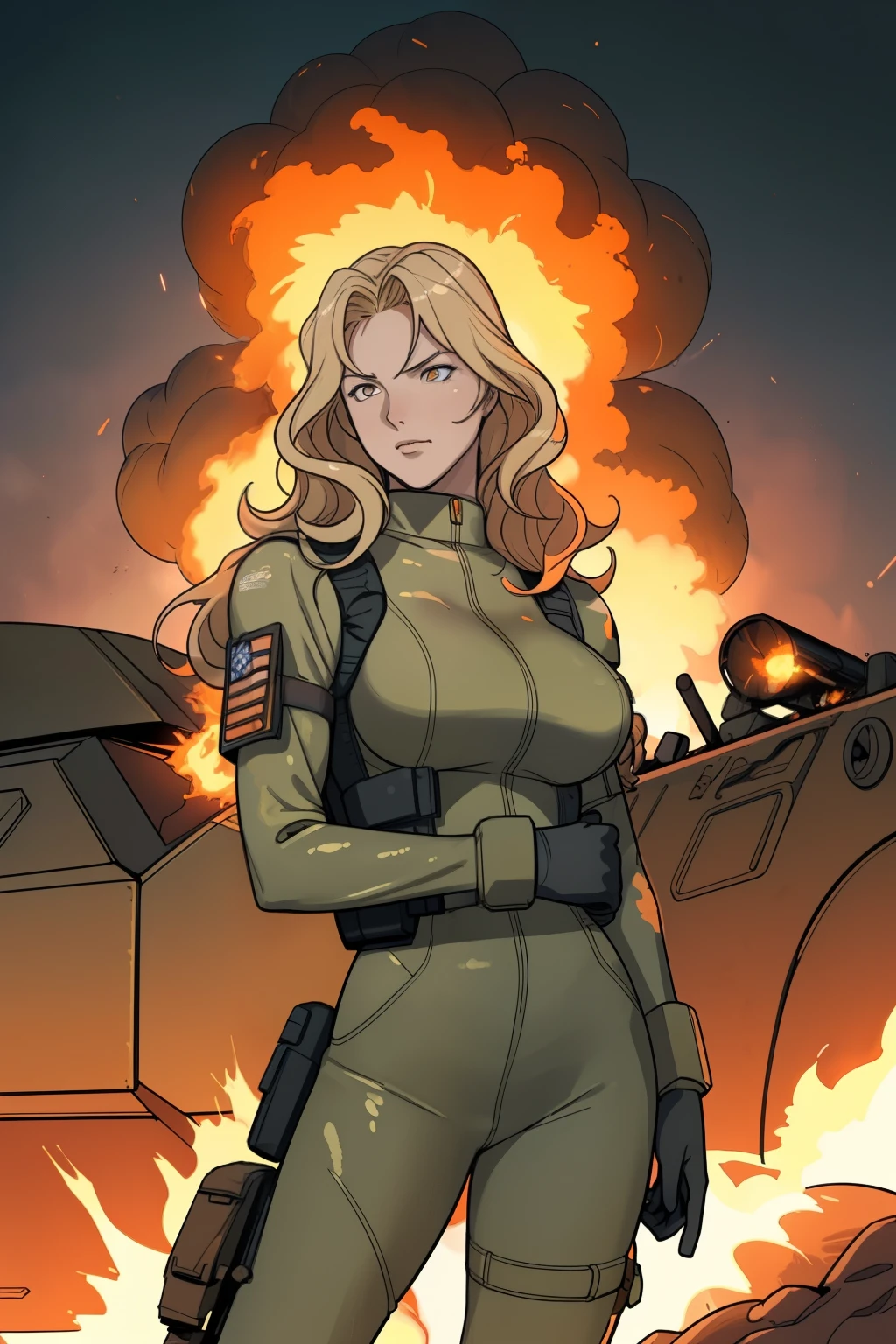 Woman with blonde, wavy hair cascading down her back, big breasts accentuated by her tactical military vest, positioned boldly amidst a chaotic dessert landscape filled with military vehicles and the ferocious tongues of flames from the cataclysmic explosions of explosive bombs. The scene, painted in high-contrast hues, showcases photorealistic details with a touch of abstract psychedelic neon accents that shiny on the burned metal of the military vehicles and the glowing orange fire. The woman's posture exudes confidence and strength as she gazes coolly into the distance, standing outstanding against the backdrop of this hostile environment. The image, a master