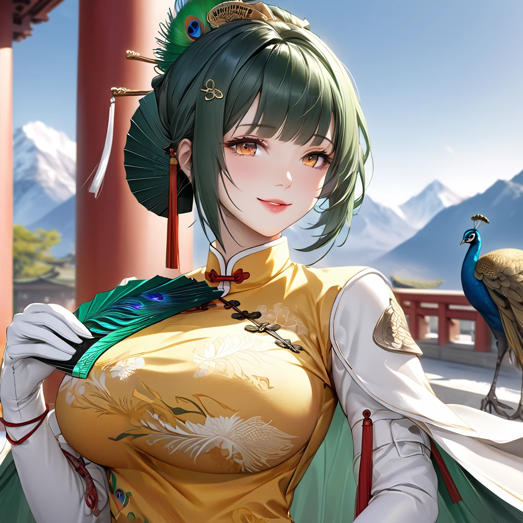 A woman wearing a traditional yellow Chinese uniform, peacock feather on the sleeve of the uniform, wearing a white fur cape, holding a green fan, standing in a large courtyard with traditional Chinese aesthetics, pillars in the distance, mountains in the background, location by day, green hair, tied up hair, orange eyes, smiling, big breast, perfect face, perfect lips, Punishing_Gray_raven, Hanying. UHD, masterpiece, accurate, anatomically correct, textured skin, super detail, high quality, best quality, 8k, high resolution, bokeh effect.(solo woman),white gloves, close view.
