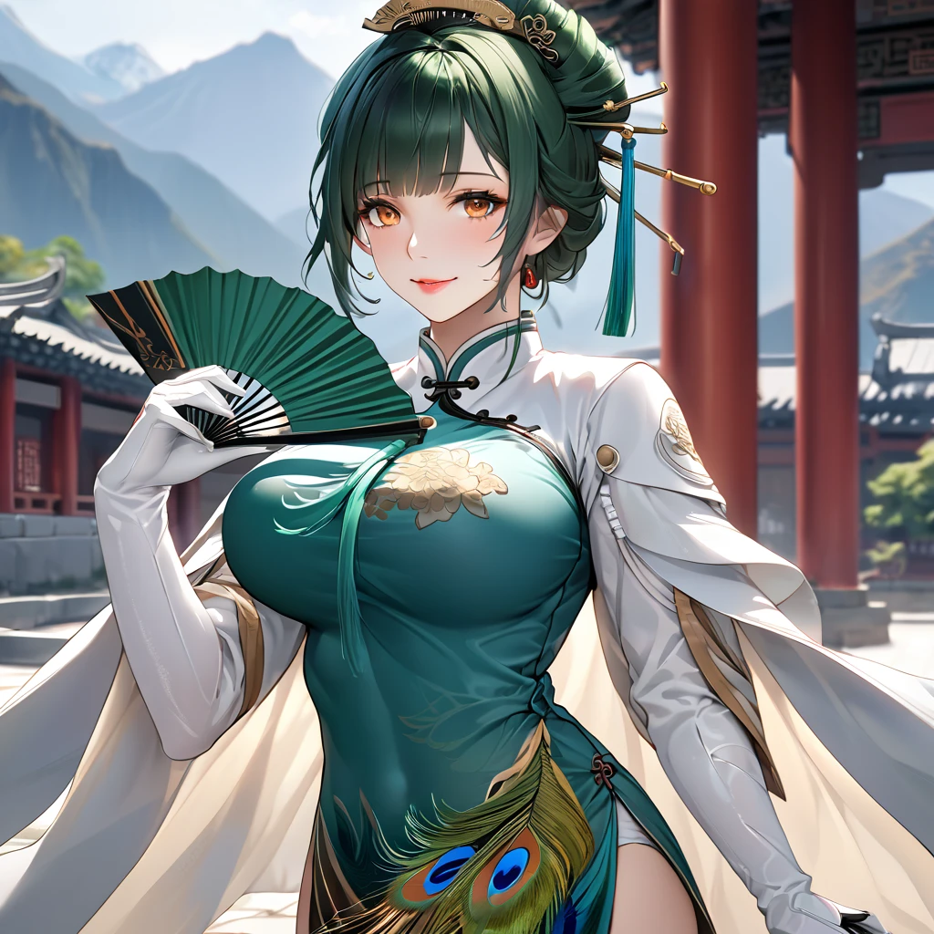 A woman wearing a traditional yellow Chinese uniform, peacock feather on the sleeve of the uniform, wearing a white fur cape, holding a green fan, standing in a large courtyard with traditional Chinese aesthetics, pillars in the distance, mountains in the background, location by day, green hair, tied up hair, orange eyes, smiling, big breast, perfect face, perfect lips, Punishing_Gray_raven, Hanying. UHD, masterpiece, accurate, anatomically correct, textured skin, super detail, high quality, best quality, 8k, high resolution, bokeh effect.(solo woman),white gloves, close view.
