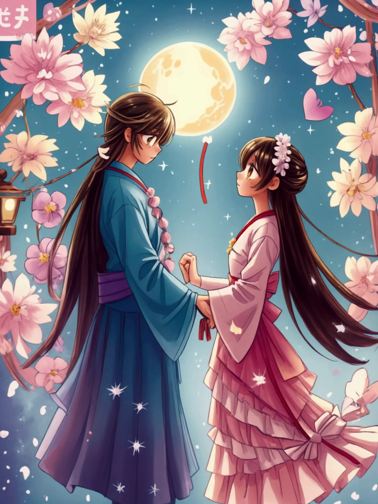 ink style, masterpiece, fantasy garden，aesthetic healing，moon，star，beautiful and poetic，a man and a woman in hanfu stand on a ma...