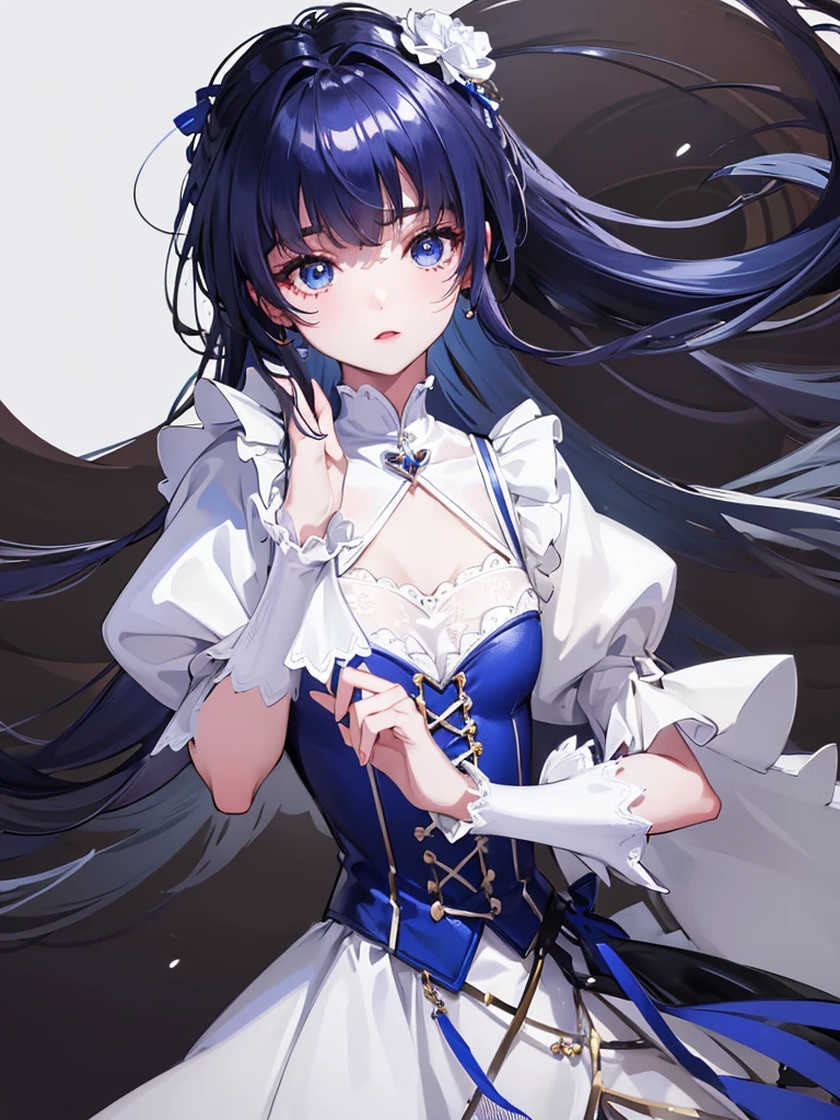 Super delicate cute girl in a Lolita dress with dark blue hair. 8K Ultra High Definition, Delicate texture, Pure white background.