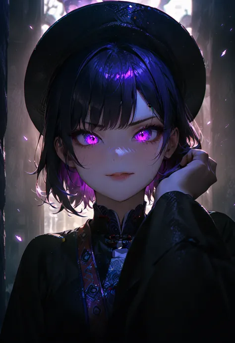 (masterpiece, best quality:1.2), super detailed, portrait, 1girl, solo, beautiful face, glowing purple eyes, detailed eyes, pret...