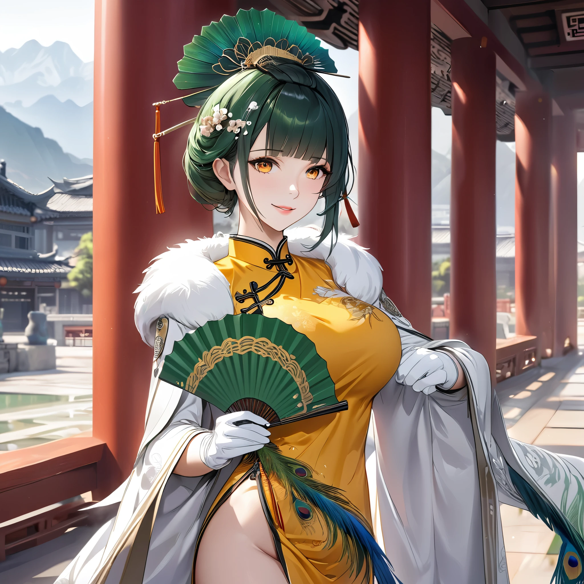 A woman wearing a traditional yellow Chinese uniform, peacock feather on the sleeve of the uniform, wearing a white fur cape, holding a green fan, standing in a large courtyard with traditional Chinese aesthetics, pillars in the distance, mountains in the background, location by day, green hair, tied up hair, orange eyes, smiling, big breast, perfect face, perfect lips, Punishing_Gray_raven, Hanying. UHD, masterpiece, accurate, anatomically correct, textured skin, super detail, high quality, best quality, 8k, high resolution, bokeh effect.(solo woman),white gloves, close view.
