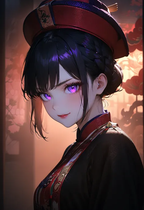 (masterpiece, best quality:1.2), super detailed, portrait, 1girl, solo, beautiful face, short black hair glowing purple eyes, de...