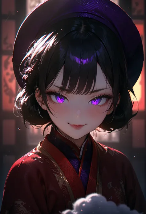 (masterpiece, best quality:1.2), super detailed, portrait, 1girl, solo, beautiful face, short black hair glowing purple eyes, de...