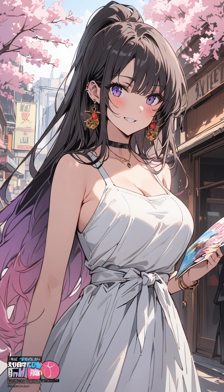 masterpiece, Highest quality, whole body, One Girl, bangs, black choker, blush, bracelet, chest, choker, clothes Surrounding area waist, clavicle, Cowboy Shot, ear Earrings, Eyebrows visible through hair, Gradient Hair, Grin, repair, jewelry, Kogal, Long Hair, Show Viewer, Earrings, Red eyes, ring, , smile, alone, street, null, cherry blossoms, petal,shape, (magazine:1.3), (cover-style:1.3), fashionable, woman, Vibrant, stop temporarily, front, colorful, dynamic, background, element, Be confident, performance, Holding, statement, accessories, Majestic, Coiled, Surrounding area, touch, scene, article, cover, bold, to attract attention, title, stylish, font, Catchy, Heading, big, impressive, Modern, tendency, concentrate, fashion,((masterpiece)), Highest quality, Absurd, Very detailed, Holographic, Cowboy Shot, ダイナミックなstop temporarily, Golden Ratio, Very cute girl, Mature Girls, so beautiful, Super beautiful asian girl with super beautiful purple eyes, so beautiful hair, Glowing Skin, High Ponytail, 素敵でsexyなボディ, Slim and delicate body, Perfect body, Cute Panties, Fox Headset, Take a photo with a cute alien spaceship,naked,Big Breasts,sexy
