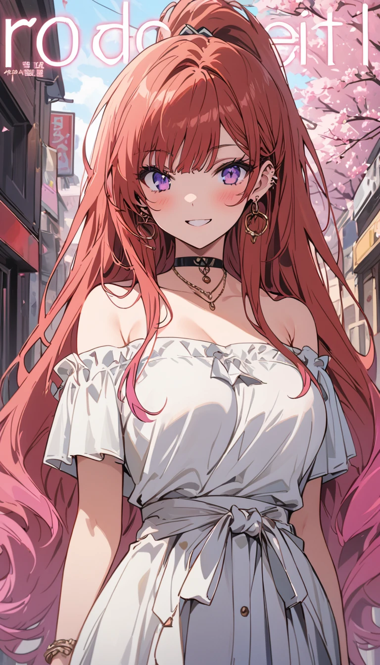 masterpiece, Highest quality, whole body, One Girl, bangs, black choker, blush, bracelet, chest, choker, clothes Surrounding area waist, clavicle, Cowboy Shot, ear Earrings, Eyebrows visible through hair, Gradient Hair, Grin, repair, jewelry, Kogal, Long Hair, Show Viewer, Earrings, Red eyes, ring, , smile, alone, street, null, cherry blossoms, petal,shape, (magazine:1.3), (cover-style:1.3), fashionable, woman, Vibrant, stop temporarily, front, colorful, dynamic, background, element, Be confident, performance, Holding, statement, accessories, Majestic, Coiled, Surrounding area, touch, scene, article, cover, bold, to attract attention, title, stylish, font, Catchy, Heading, big, impressive, Modern, tendency, concentrate, fashion,((masterpiece)), Highest quality, Absurd, Very detailed, Holographic, Cowboy Shot, ダイナミックなstop temporarily, Golden Ratio, Very cute girl, Mature Girls, so beautiful, Super beautiful asian girl with super beautiful purple eyes, so beautiful hair, Glowing Skin, High Ponytail, 素敵でsexyなボディ, Slim and delicate body, Perfect body, Cute Panties, Fox Headset, Take a photo with a cute alien spaceship,naked,Big Breasts,sexy
