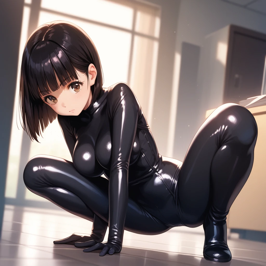 score_9,score_8_up,score_7_up,masterpiece,best quality, source_anime, realistic, super detailed, extreme detailed, rating_safe,
1girl, squatting, bent over, (stretch out one leg:1.3), hand on floor, 
BREAK girl, 22yo, short hair, bob cut, (blunt bangs), black hair, (tareme, detailed cute brown eyes), curled eyelashes, (large breasts:0.9), 
shiny hair, beautiful detailed eyes, beautiful face,
(black bodysuit, luster, glossy, shiny, latex, bodysuit, tights, gloves), 
serious,  
office, night, (darkness:1.3),