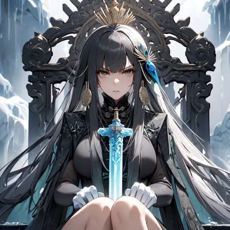 a woman with dark gray hair, long hair, diamond barrette in her hair, gray eyes, wearing black chinese attire with white details...