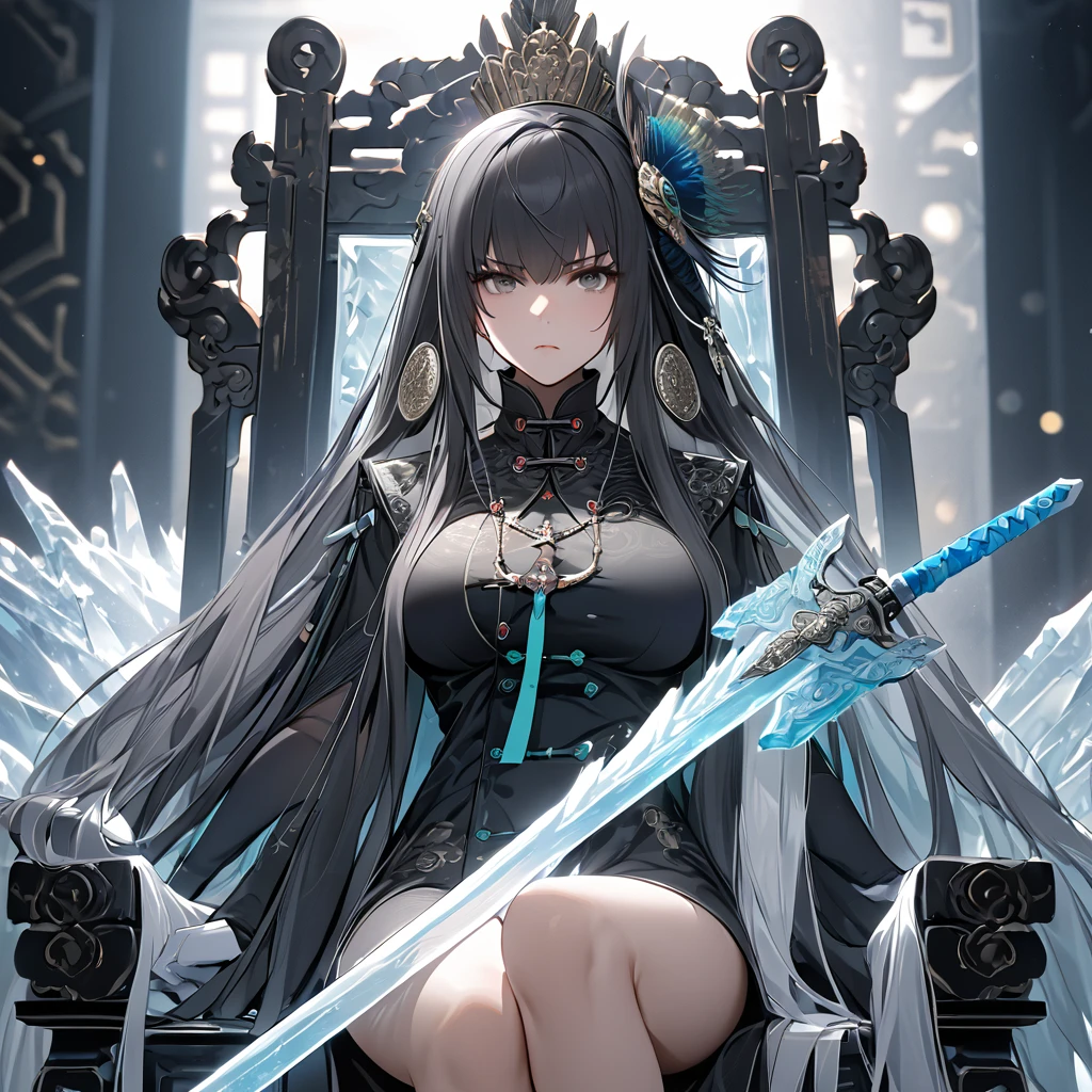 A woman with dark gray hair, long hair, diamond barrette in her hair, gray eyes, wearing black Chinese attire with white details, with peacock feather sleeves, holding an ice sword, sitting cross-legged on a large throne made of ice, ice throne, in a large room with Chinese aesthetics, cold fog in the background, serious face, big breasts. Punishing_Gray_raven, Qu. UHD, masterpiece, accurate, anatomically correct, textured skin, super detail, high quality, best quality, 8k, high resolution, bokeh effect.(solo woman),white gloves, close view.
