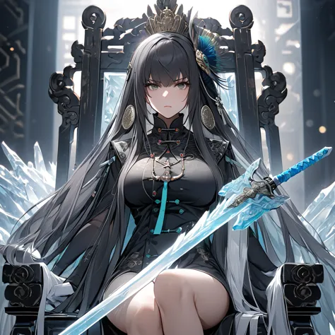 a woman with dark gray hair, long hair, diamond barrette in her hair, gray eyes, wearing black chinese attire with white details...