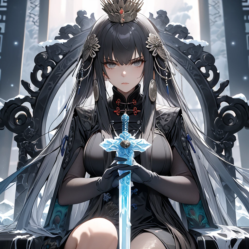 A woman with dark gray hair, long hair, diamond barrette in her hair, gray eyes, wearing black Chinese attire with white details, with peacock feather sleeves, holding an ice sword, sitting cross-legged on a large throne made of ice, ice throne, in a large room with Chinese aesthetics, cold fog in the background, serious face, big breasts. Punishing_Gray_raven, Qu. UHD, masterpiece, accurate, anatomically correct, textured skin, super detail, high quality, best quality, 8k, high resolution, bokeh effect.(solo woman),white gloves, close view.
