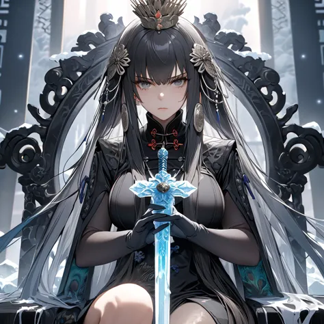 a woman with dark gray hair, long hair, diamond barrette in her hair, gray eyes, wearing black chinese attire with white details...