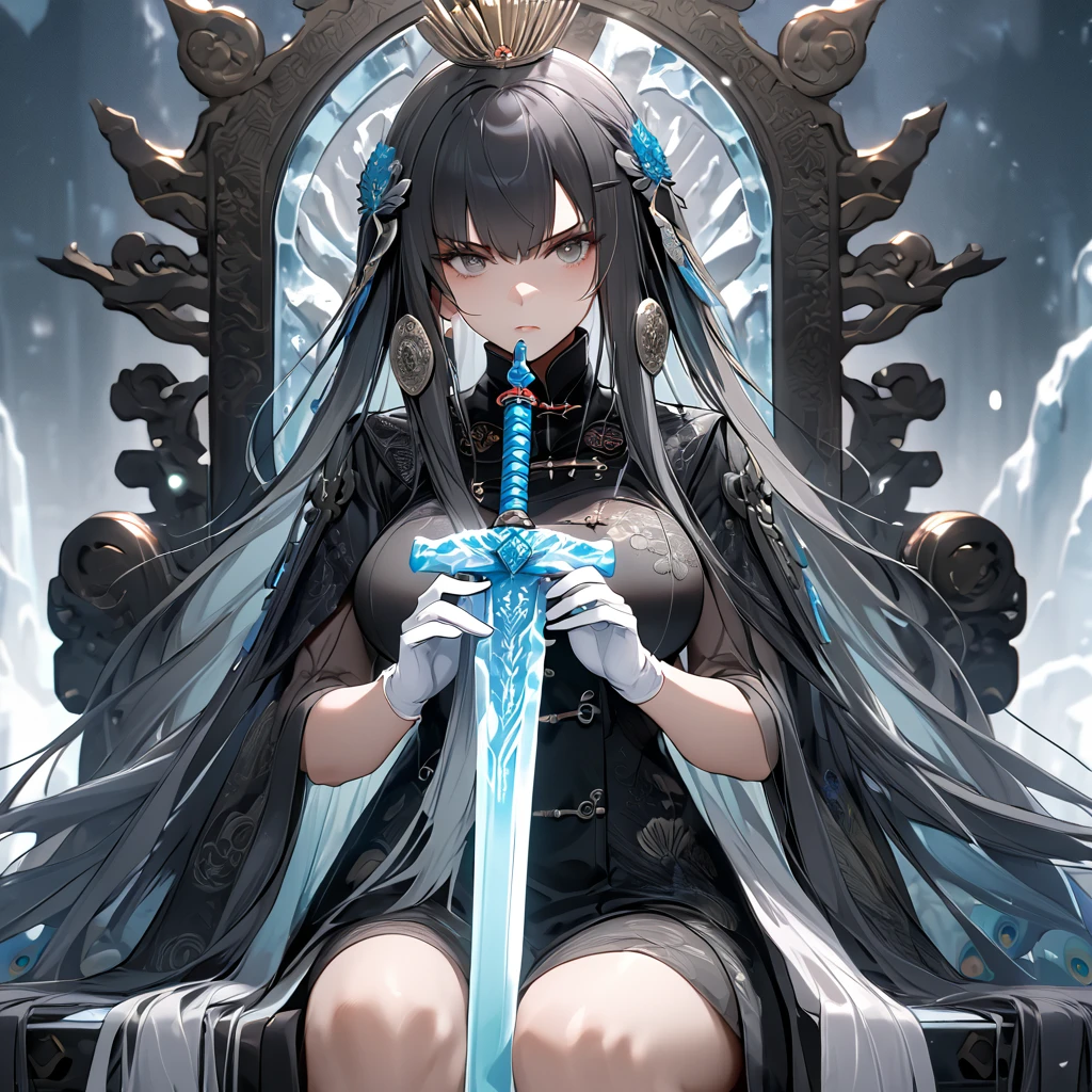 A woman with dark gray hair, long hair, diamond barrette in her hair, gray eyes, wearing black Chinese attire with white details, with peacock feather sleeves, holding an ice sword, sitting cross-legged on a large throne made of ice, ice throne, in a large room with Chinese aesthetics, cold fog in the background, serious face, big breasts. Punishing_Gray_raven, Qu. UHD, masterpiece, accurate, anatomically correct, textured skin, super detail, high quality, best quality, 8k, high resolution, bokeh effect.(solo woman),white gloves, close view.
