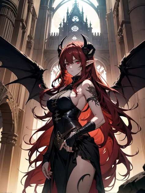 (masterpiece, high quality, highly detailed, anime style) 
demon woman, 30s, goat-like horns, long red hair, red eyes, fair skin...