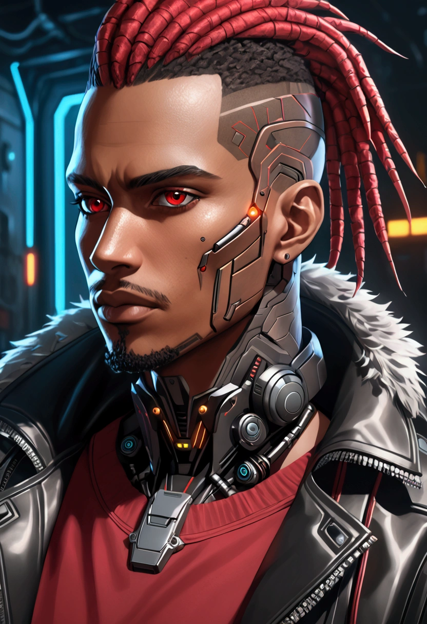 (Best quality, masterpiece, anime style, full of details), 1male, official anime art illustration, African American Male with dark brown eyes, a cartoon of a man with a mask on his face, ((red)) baggy eyes  black and red dreadlocks, he wearing a red shirt and leather cyberpunk jacket with fur collar, semi-realistic cyberpunk style, portrait of a cyberpunk man, cyberpunk art ultrarealistic 8k, cyberpunk style ， hyperrealistic, cyberpunk character, trendin on artstation, cinematic full character, trending on artstation 4k, portrait of a cyberpunk cyborg, cinematic realistic portrait, cyberpunk hero perfectly photorealistic, incredibly detailed, 8k, UHD, masterpiece, best quality, ultra detailed, intricate,