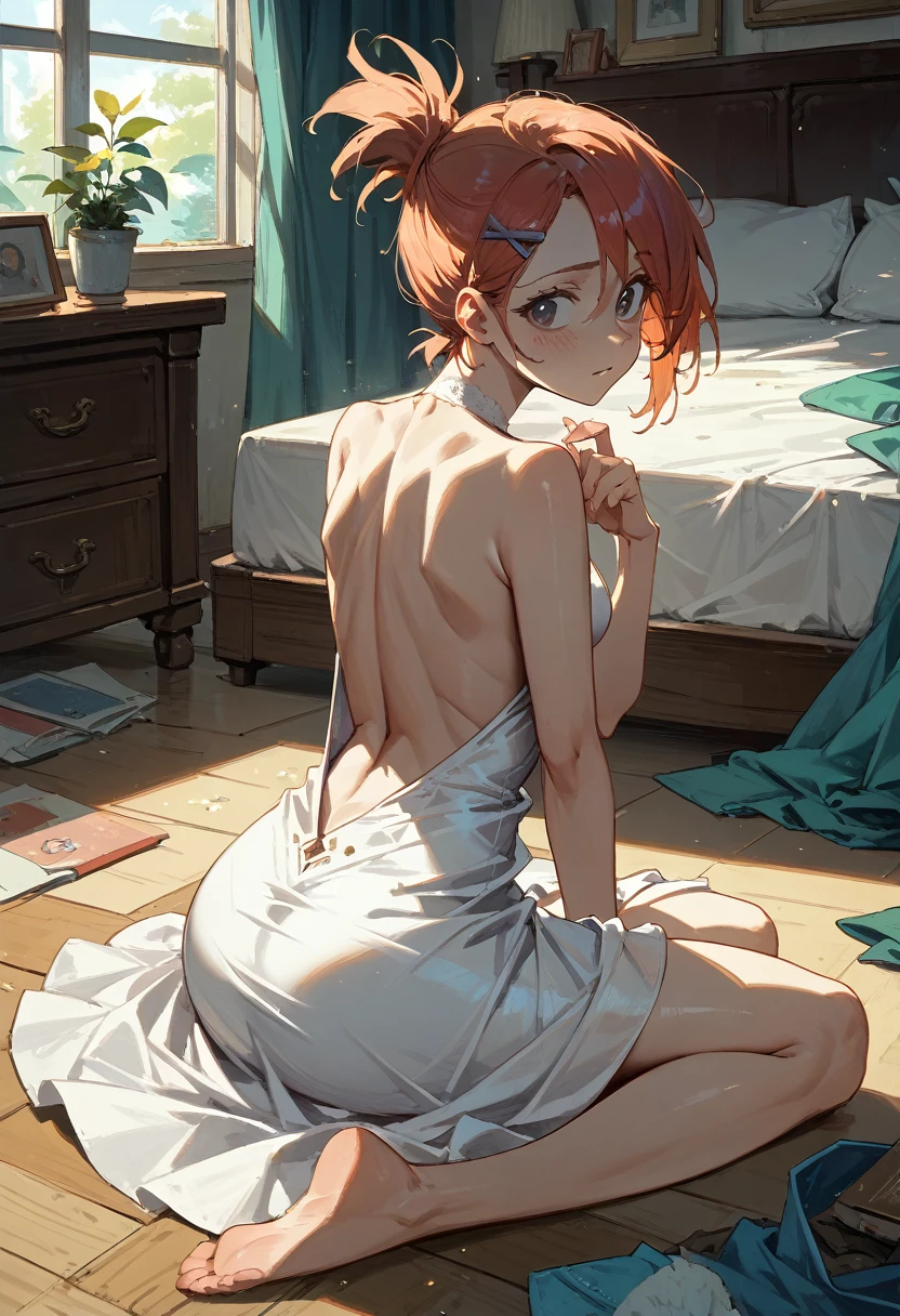 Frankie, sexy white dress , bare legs, bare shoulders, bare back, open neckline, bedroom, sitting, blushing, dress on the floor