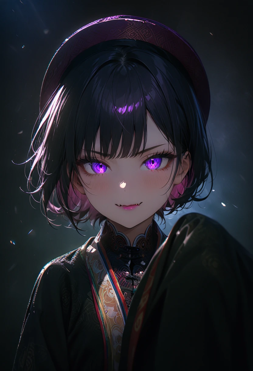 (masterpiece, best quality:1.2), super detailed, extreme detailed, portrait, 1girl, solo, beautiful face, short black hair with bang, glowing purple eyes, detailed eyes, pretty lipstick, spider fangs, smirk, evil expression, standing, nhat binh clothing, hat, long sleeves, wide sleeves, POV, white fog background, East Asia Theme, soft focus, (cowboy shot), lens flare, DeepNegative_xl_v1