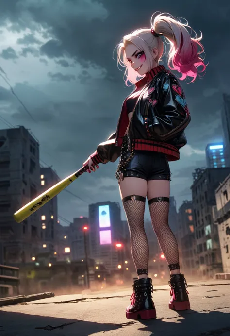 (average：animated cartoon),harley quinn standing on the roof of a city building,dark and dramatic atmosphere,focus blur,city sky...