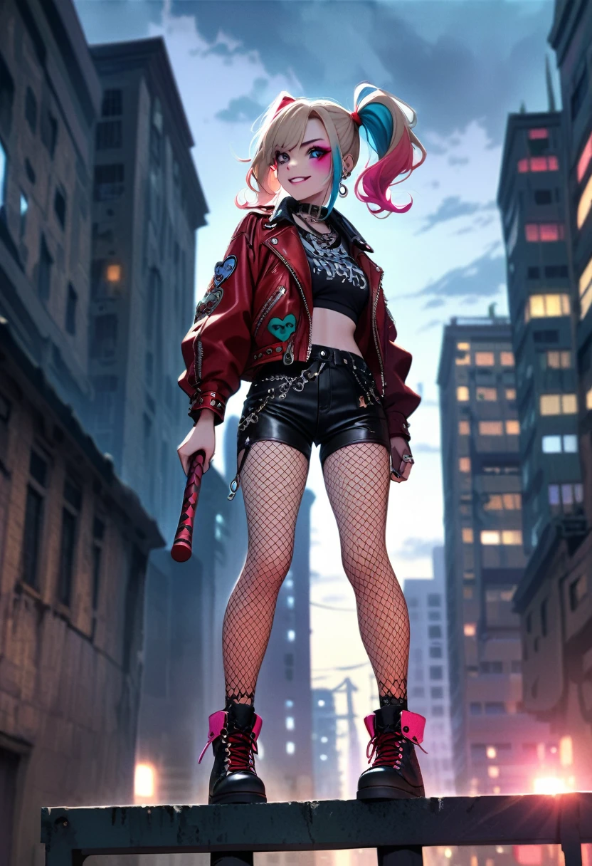 (average：animated cartoon),Harley Quinn standing on the roof of a city building,dark and dramatic atmosphere,focus blur,City skyline in the background,Dark clouds gather overhead,vibrant and contrasting colors,Ominous lighting,Red and black ornaments,Eye makeup stain,Strange and impertinent expression,smiling menacingly,holding baseball bat,abandoned buildings,hair blown by the wind,Leather jacket and shorts,fishnet stockings,Double colored ponytail,Fashion punk,The air is full of secrets and mysteries.