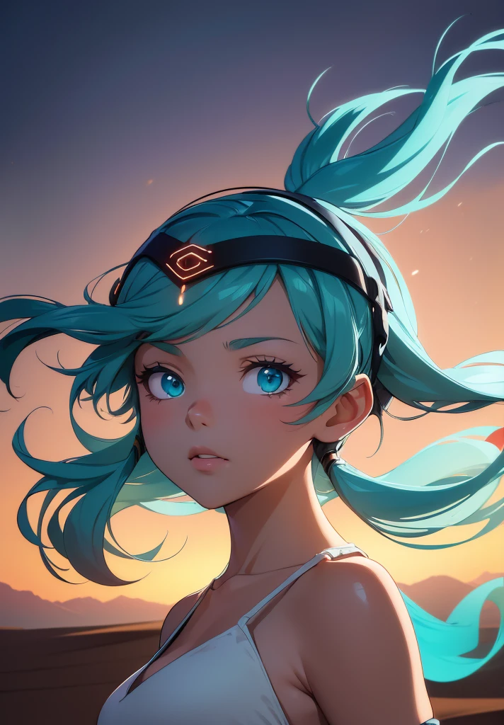 (High Detail:1.2) Anime Girl, (Cinematic Lighting, Delicate Colors), (Desert:1.2), Lighting Calm, Wind, Fog. Turquoise, delta tones.