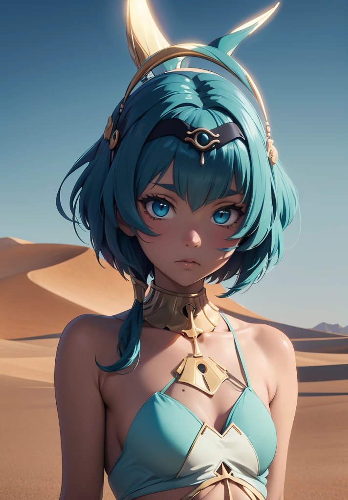 (High Detail:1.2) Anime Girl, (Cinematic Lighting, Delicate Colors), (Desert:1.2), Lighting Calm, Wind, Fog. Turquoise, delta tones.