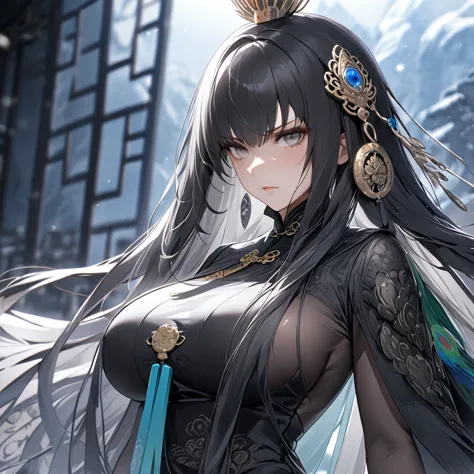 a woman with dark gray hair, long hair, diamond barrette in her hair, gray eyes, wearing black chinese attire with white details...