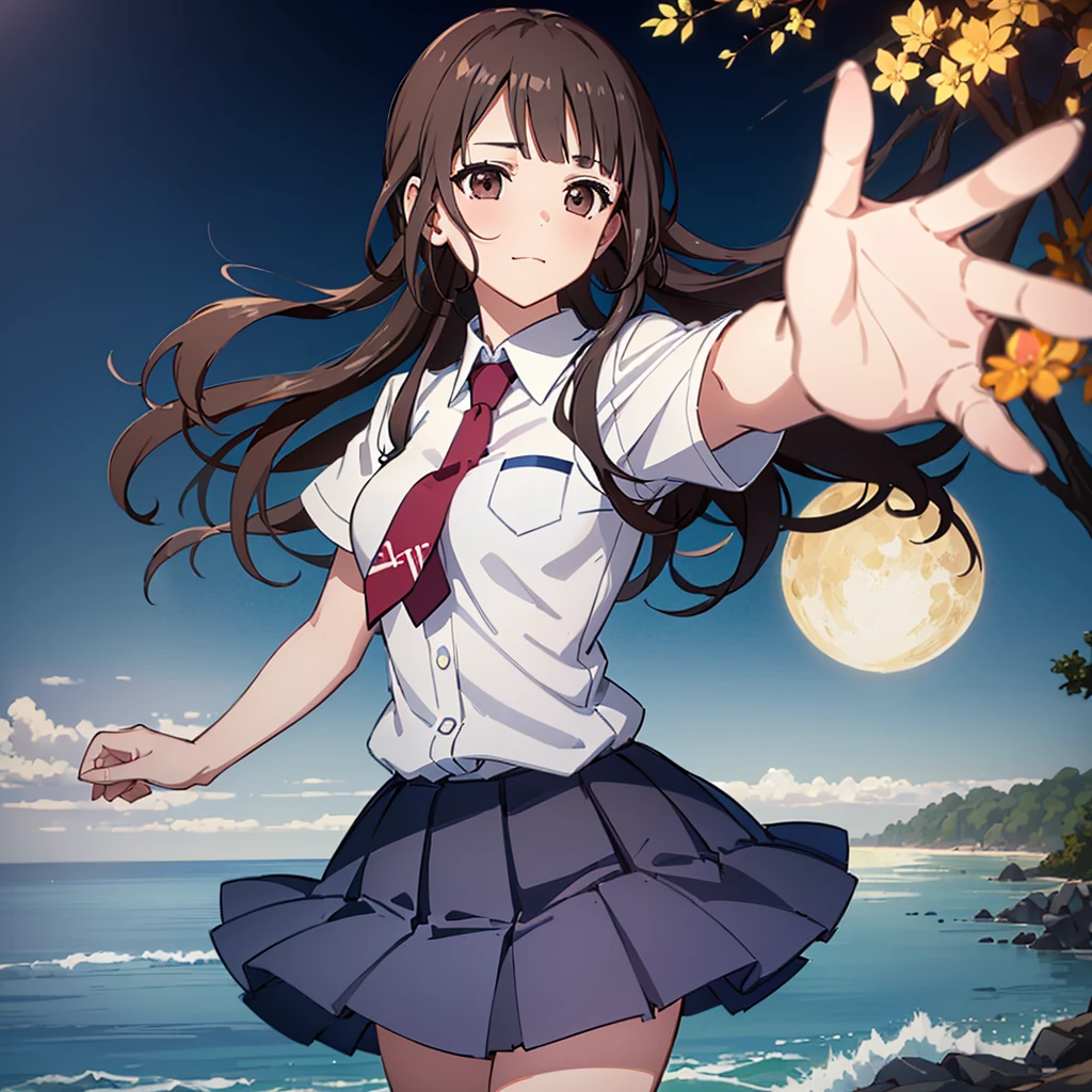 ((Highest quality,masterpiece)),(16K,Ultra-high resolution,Ultra-high resolution,Super detailed),Okitasawa looks out at the viewer on a summer night beach,white shirt, short sleeves, red necktie, blue skirt,shy,red cheek,wide-eyes,side glance,looking side,Perfect Face, Perfect Eyes