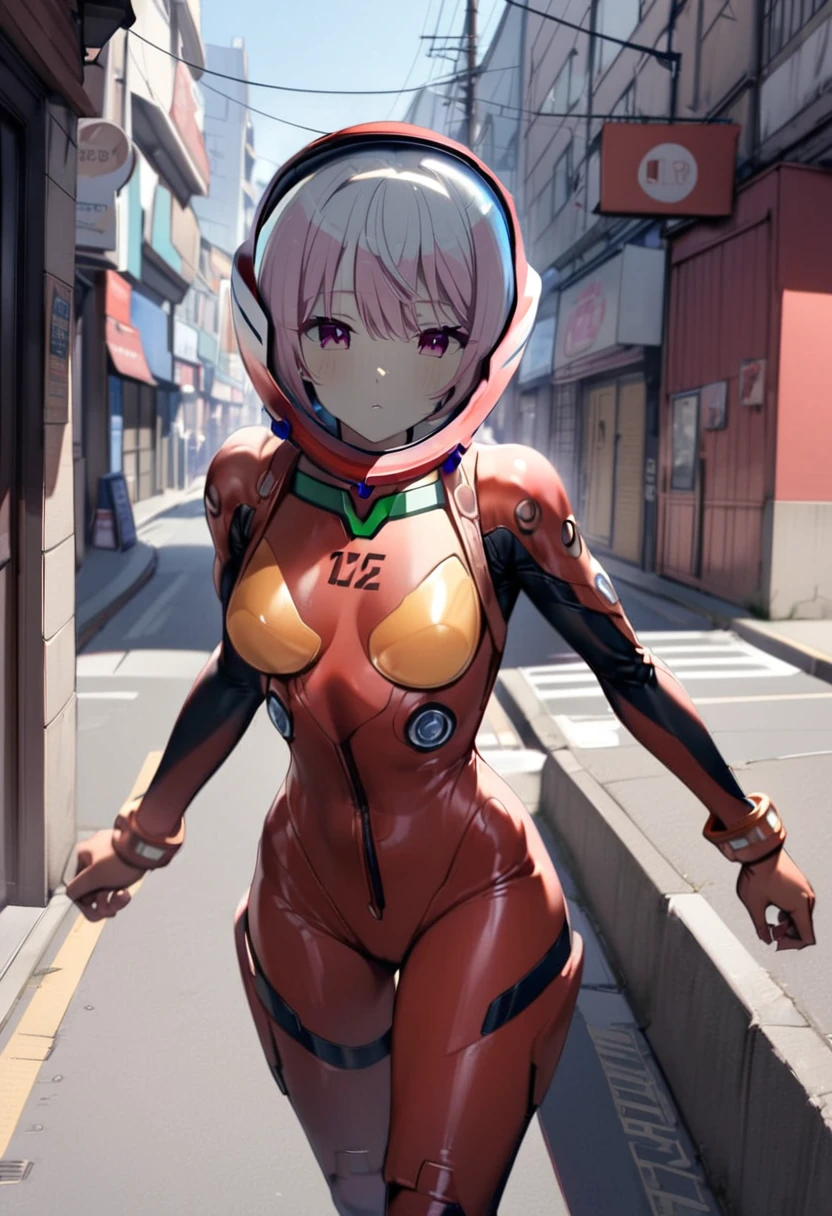 short hair, pink hair, street, emo,pink eyes, eyeliner, fortified suit, ((blue:1.5) plugsuit), short hair, short hair, bangs, blue eyes, brown hair, bodysuit, pilot suit, plugsuit, (red bodysuit:1.5 space helmet, bubble helmet