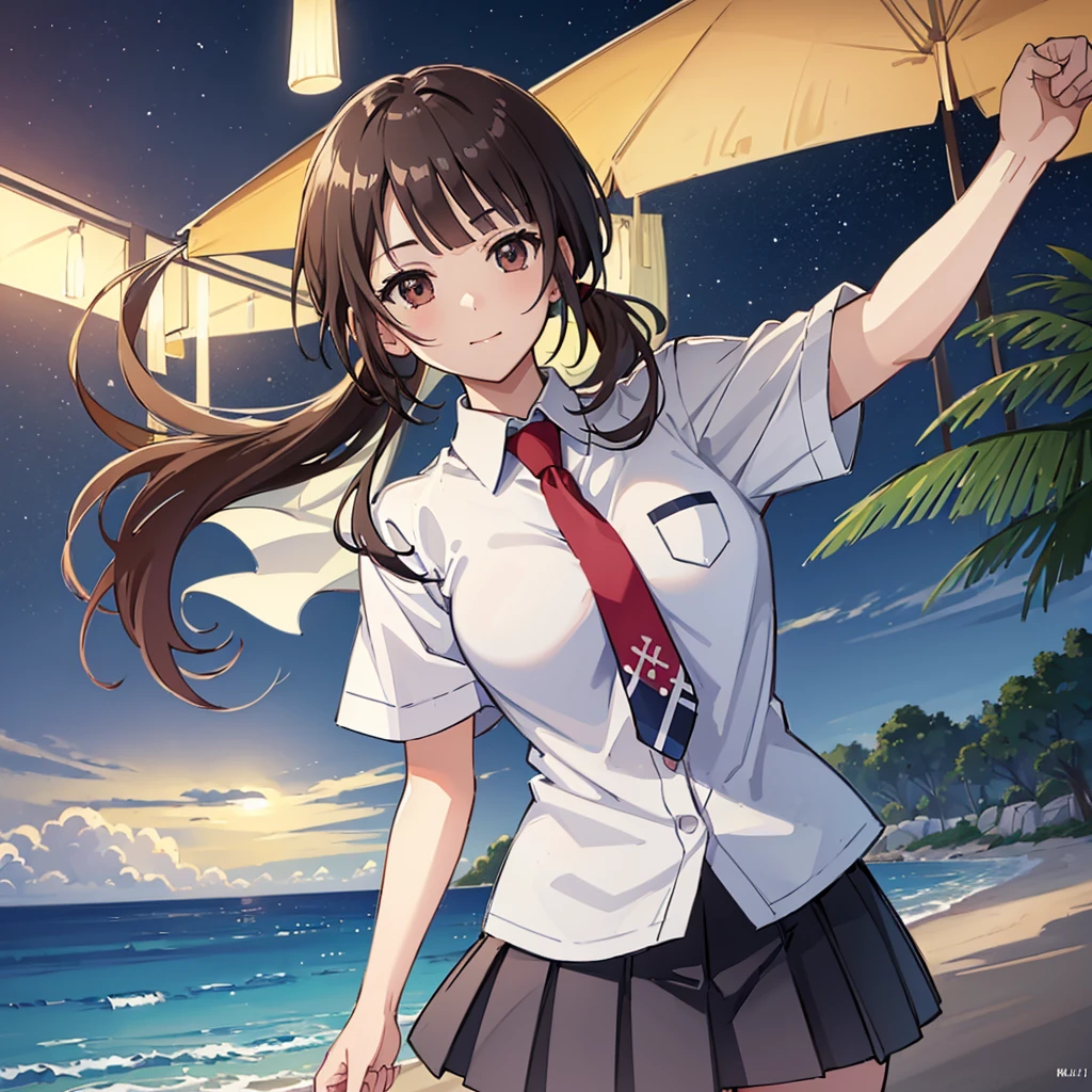 ((Highest quality,masterpiece)),(16K,Ultra-high resolution,Ultra-high resolution,Super detailed),Okitasawa looks out at the viewer on a summer night beach,white shirt, short sleeves, red necktie, blue skirt,shy,red cheek,wide-eyes,side glance,looking side,Perfect Face, Perfect Eyes,high angle,standing