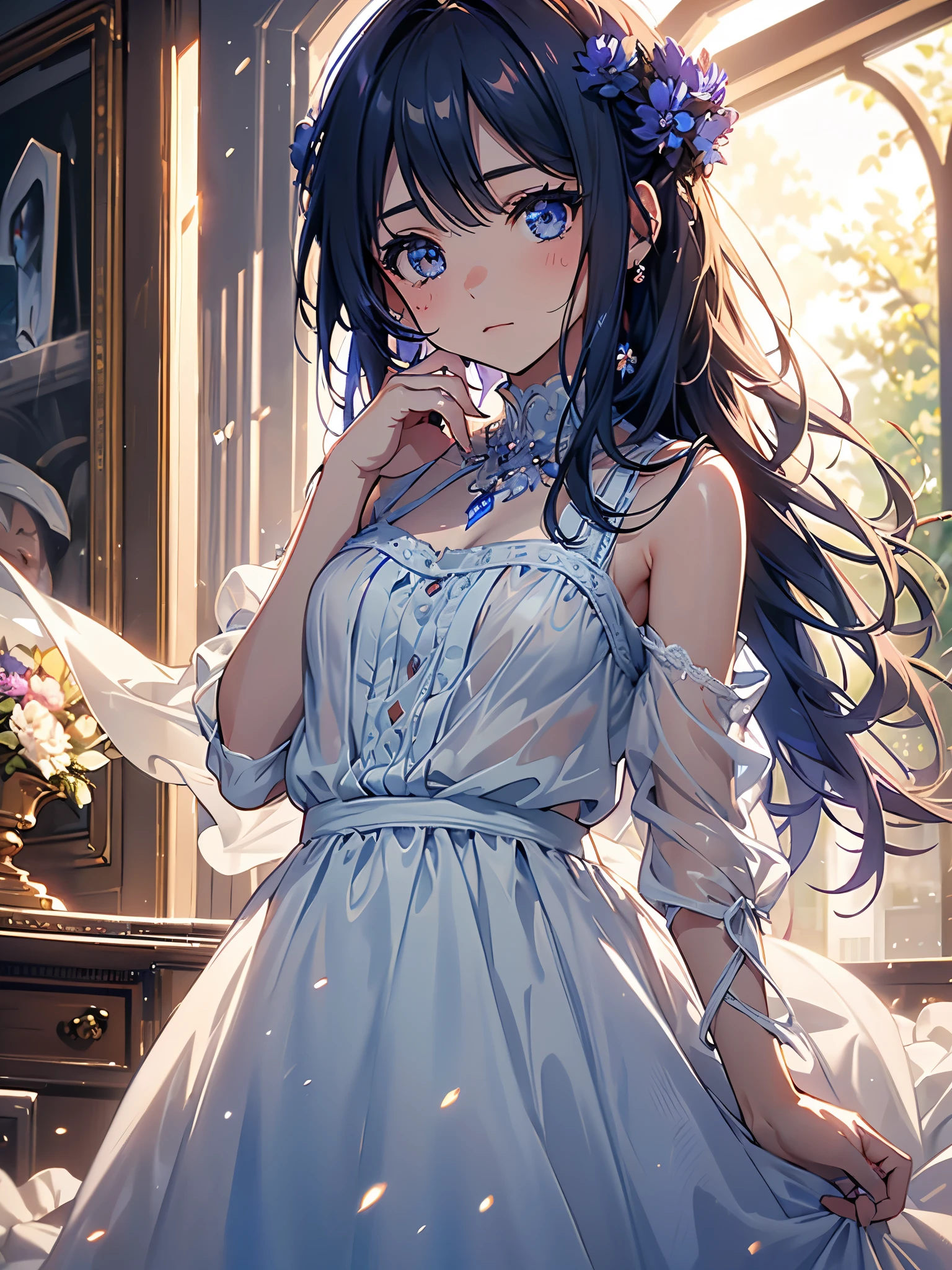 arte de Cornflower, dreamers (A little one with beautiful, detailed eyes. The depth of field in the photo is perfect, lens flare adds a nice touch, {{side chest:2}}}, a soaked dress