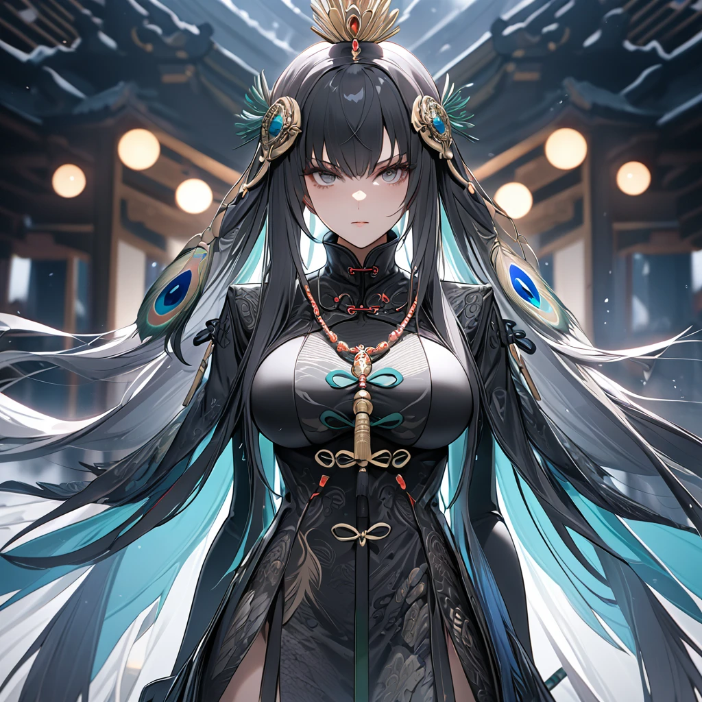 A woman with dark gray hair, long hair, diamond barrette in her hair, gray eyes, wearing black Chinese attire with white details, with peacock feather sleeves, ice power, standing, thigh exposed, in a large room with Chinese aesthetics, cold fog in the background, serious face, big breasts. Punishing_Gray_raven, Qu. UHD, masterpiece, accurate, anatomically correct, textured skin, super detail, high quality, best quality, 8k, high resolution, bokeh effect.(solo woman),white gloves, close view.
